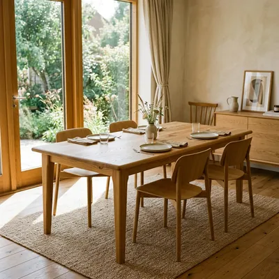 [PLACEHOLDER] Mesa de comedor de lenga en una sala iluminada